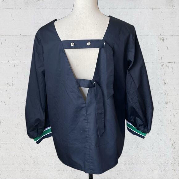 Tibi Tech Poplin Snap Top Back Cutout Colorblock Cuffs Navy Size 4 Sporty Preppy - Picture 9 of 15